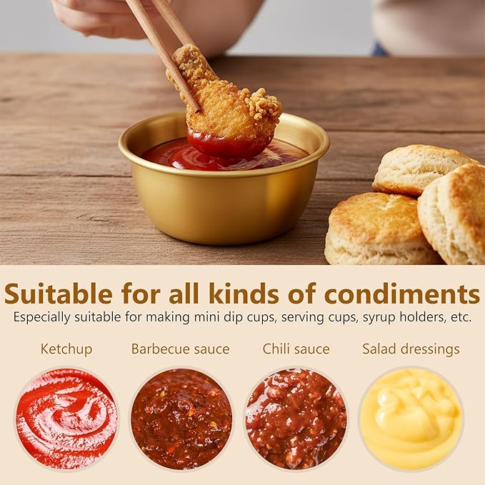 12 Pcs Stainless Steel Dipping Sauce Cups 2 oz Ramekin Mini Sauce Bowls Gold Condiment Cups Reusable Metal Ramekins Containers for Home Kitchen Restaurant Party (Gold)