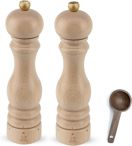 Peugeot Paris u'Select 6 Setting Manual beechwood Salt & Pepper Mill Set With Wooden Spice Scoop Made In France (Natural, 9- Inch)