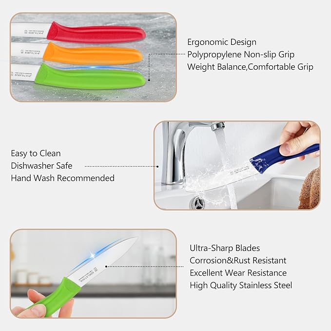Premium Paring Knife, Stainless Steel Paring Knives Set of 6,Sharp Vegetable&Fruit Knife,Small Knife Set,Ergonomic Handle Paring Knives,Straight Edge Peeling Knifes,Green&Dishwasher Safe