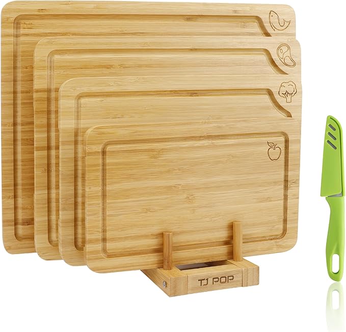 Bamboo Cutting Board Set of 4, Chopping Boards with Food Icons for Kitchen, Charcuterie Board for Meat, Vegetables, Fruits, Cheese