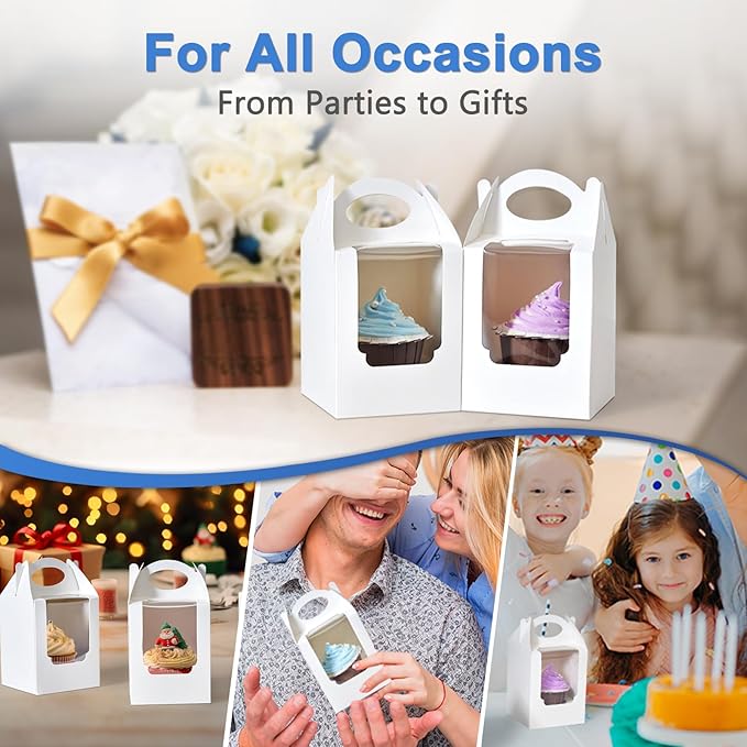 Cupcake Boxes 50 pcs, Individual Cupcake Containers White with Window Insert and Handle, Pastry Box Single Muffins Holder Disposable for Bakery Wrapping Party Favor Packaging