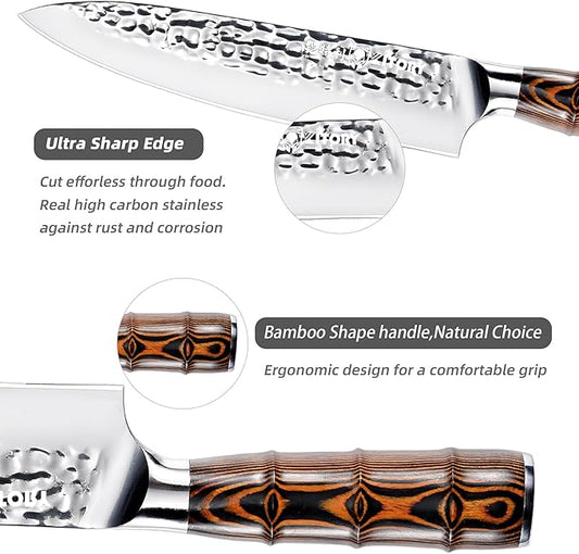 Kitory Chef Knife 8", Japanese Kitchen Knives, HC Stainless Steel, Hammered Ultra Sharp Blade, with Bamboo Shape Ergornomic Handle,Cooking Cutlery 2025 Gifts for Home & Restaurant