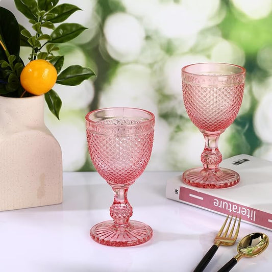 Bokon 6 Pack Pink Glass Goblets Set 10 oz High Clear Wine Glass Vintage Water Goblets Cups Embossed Diamond Design Glassware with Stem for Drinking Juice Liquor Party Wedding Bar