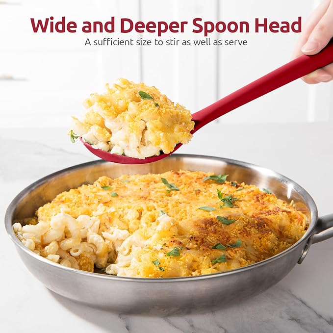 600ºF Heat Resistant Silicone Spoons: U-Taste 13.3in Solid & Slotted Kitchen Cooking Spoon, Nonstick Long Rubber Utensil, Sturdy for Mixing, Serving, Stirring, Frying, Draining (Red, 2PCS)