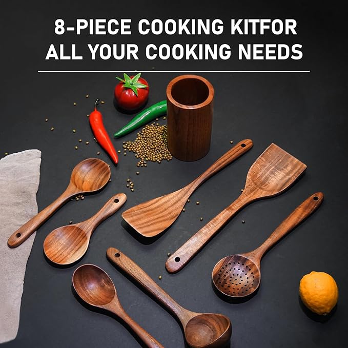 FJNATINH Wooden Spoons for Cooking, 8 Pcs Nonstick Wooden Cooking Utensils Set,Nonstick Natural and Healthy Kitchen Utensil(8 Pcs)