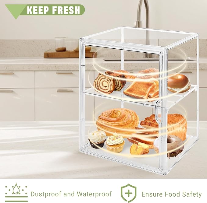 2 PACK Large Clear Bread Box for Kitchen Countertop 4 Layers Acrylic Pastry Display Case Bakery Storage Container with Magnetic Door Bread Keeper for Homemade Cookie Cupcake Muffins Bagel