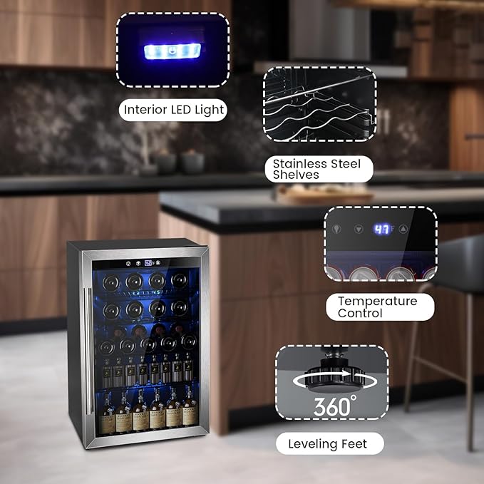 Wine Cooler 37 Bottle Freestanding Fridge with Stainless Steel Reversible Glass Door, 145 Can Beverage Refrigerator Quiet Compressor for Home Kitchen Bar, 4.5 Cu.ft Silver