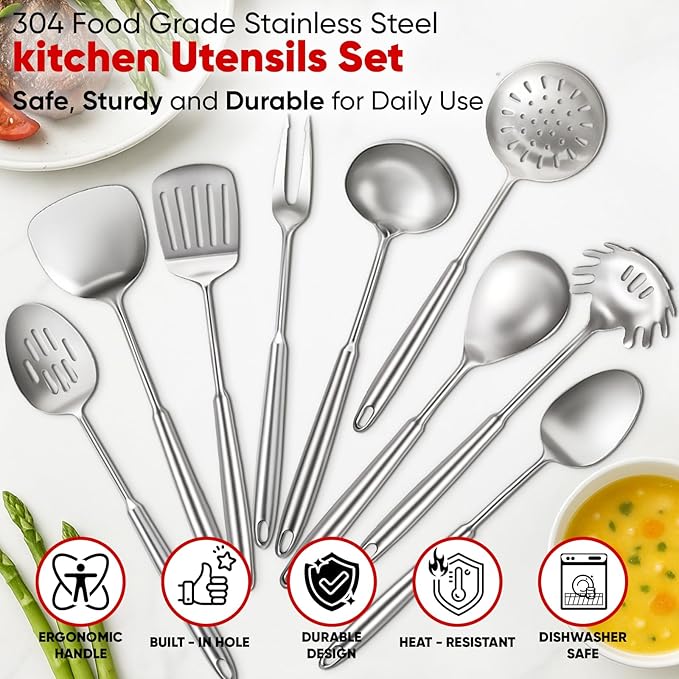 Newness 9 Pcs Cooking Utensils Set, 304 Stainless Steel Kitchen Utensils Set, Metal Kitchen Accessories, Include Soup Ladle, Slotted Skimmer Spoon, Spaghetti Spoon and Spatula, Dishwasher Safe