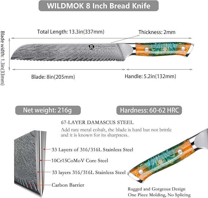 WILDMOK Serrated Damascus Steel Bread Knife, 8 inch, Full Tang Ultra Sharp, Resin Handle, Gift Box