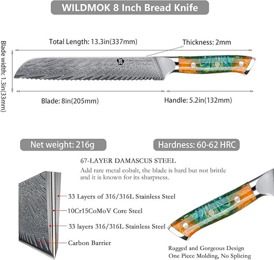 WILDMOK Serrated Damascus Steel Bread Knife, 8 inch, Full Tang Ultra Sharp, Resin Handle, Gift Box