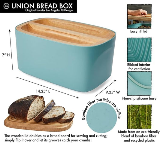 Sonder Los Angeles, Modern Bamboo Fiber and Recycled Plastic Bread Box (Blue Green) for Kitchen Countertop with Reversible Bread Board Wood Lid 14.25 x 9.25 x 7 in