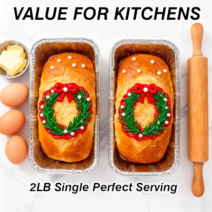 50 Pack 2Lb Loaf Pans, 8.5" X 4.5" X 2.6" Foil Heavy Duty Disposable Aluminum Foil, Premium Bread Pans for Baking Homemade Cakes & Breads Holiday Treats Food Storage