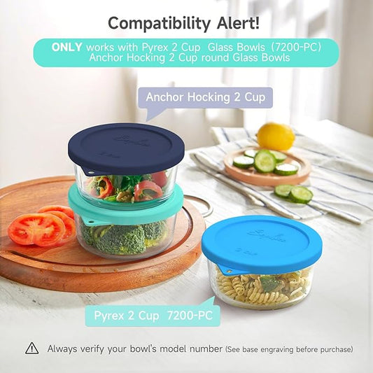 Sophico 2 Cup Round Silicone Storage Cover Lids Replacement for Pyrex 7200-PC and Anchor Hocking Glass Bowls (Container not Included) (MIX-6pack)