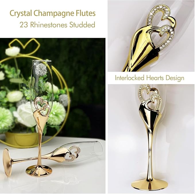 Gold Crystal Champagne Flutes and Cake Knife Set, Includes Wedding Toasting Glasses and Cake Cutting Tools for Bride and Groom’s Reception or Anniversary (Gold)