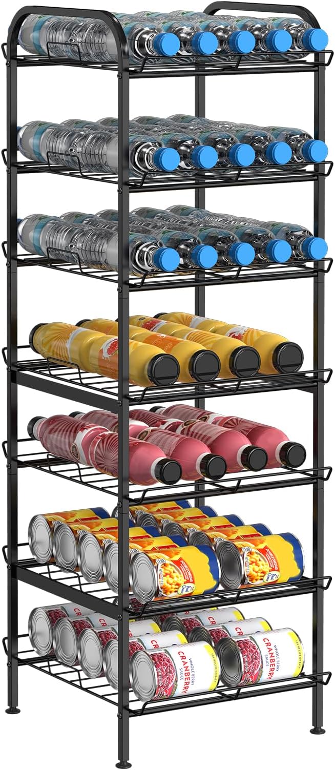 Water Bottle Organizer 7 Tier Freestanding Water Bottle Storage Organizer Metal Bottle Rack Holder Stand Shelf for Kitchen Pantry Food Storage (Black)