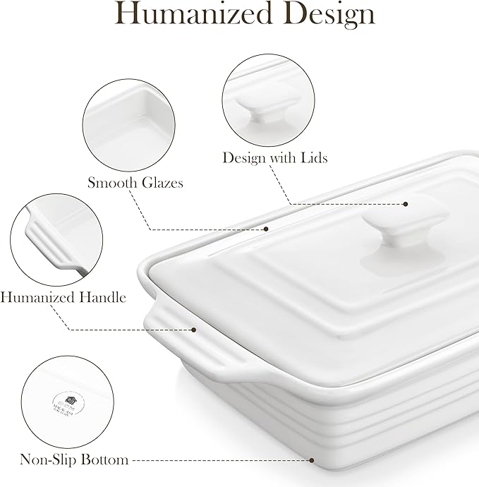 MALACASA Casserole Dish for Oven, 4.4 Qt Porcelain Baking Dish with Lid, 9x13 Baking Pan with Handles, Large Lasagna Pan Deep, Rectangular Bakeware, Microwave Safe, White, Series BAKE
