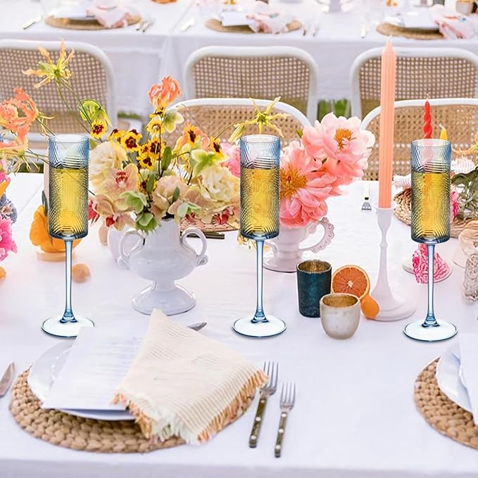 6 Pieces Blue Champagne Flutes,6 OZ Twill Pattern Striped Vintage Stem Glasses Stemware Wine Glasses Champagne Long Stem Drinking Colored Glasses Goblets for Wedding Cocktail Cups,Cava, Prosecco