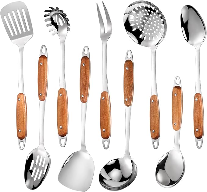 304 Stainless Steel Cooking Utensils Set,9PCS Metal Kitchen Utensils Set with Wooden Handle,Solid Spoon,Spatula,Ladle,Skimmer Spoon,Spaghetti Spoon,Dishwasher Safe