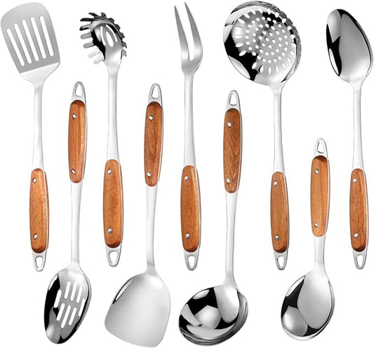 304 Stainless Steel Cooking Utensils Set,9PCS Metal Kitchen Utensils Set with Wooden Handle,Solid Spoon,Spatula,Ladle,Skimmer Spoon,Spaghetti Spoon,Dishwasher Safe