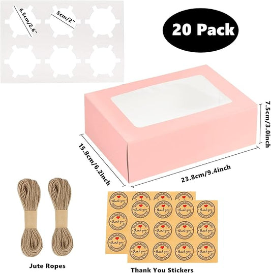 20 Pack Cupcake Boxes 6 Count with Window, Muffin Box with Inserts, Cake Boxes, Paper Bakery Cookie Boxes Ideal Take Out Container Box for Cupcake, Cake, Pastry, Treats, Dessert, Donuts (Pink)