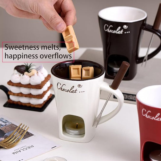 Multi functional ceramic chocolate hot pot cup set,fondue cup, portable and easy to use, suitable for candle heating, creative dessert tools, with fork Selection (white)