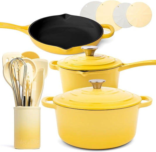 Larder & Vine 21 Piece Cookware Set (Limoncello) | Dutch Oven, Utensil Set, Saucepan, Skillet, and Trivets