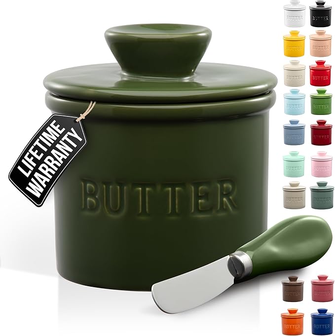 Zulay Kitchen Porcelain Butter Crock With Lid & Knife - Authentic French Butter Dish For Fresh & Spreadable Butter - Jade Green