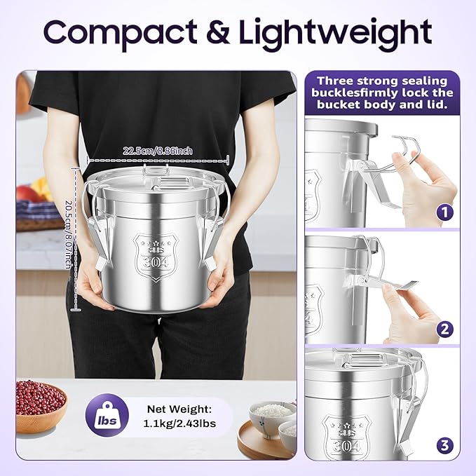 304 Stainless Steel Storage Containers with Lid, 6L/1.58gal Airtight Canister with Locking Clamps Multi-Purpose Kitchen Storager Bucket Food Jar, for Rice Cereal Flour Coffee Beans Milk (6L)