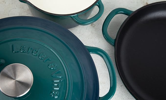 Larder & Vine 9 Piece Enameled Cast Iron Cookware Set, Oven Safe and Compatible with all Cooktops – includes 3.6 Qt Braiser, 5.7 QT and 8 QT Dutch Ovens, 10.25in Skillet and 2.2 QT Saucepan (Bondi)