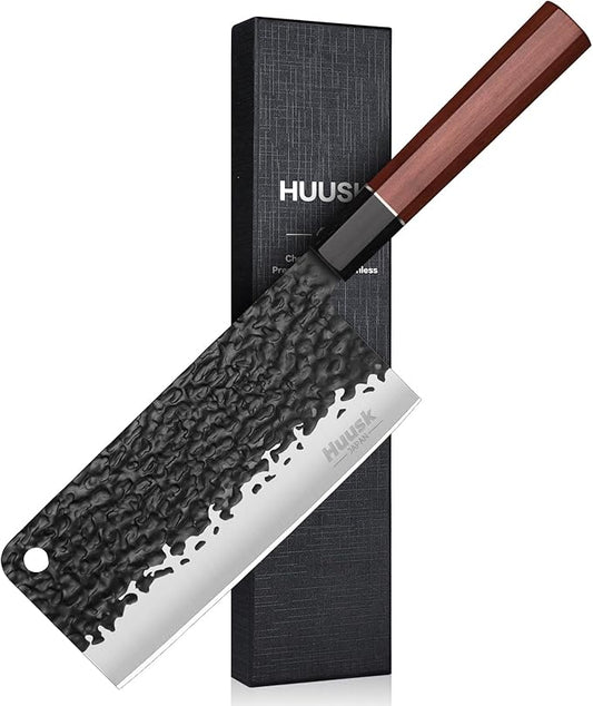 Huusk Japanese Meat Cleaver Knife - 6.7" Hand Forged Knives, 3 Layers 9CR18MOV High Carbon Kitchen Knife, Professional Sharp Cooking Knives with Ergonomic Handle for Meat, Vegetables, Fish
