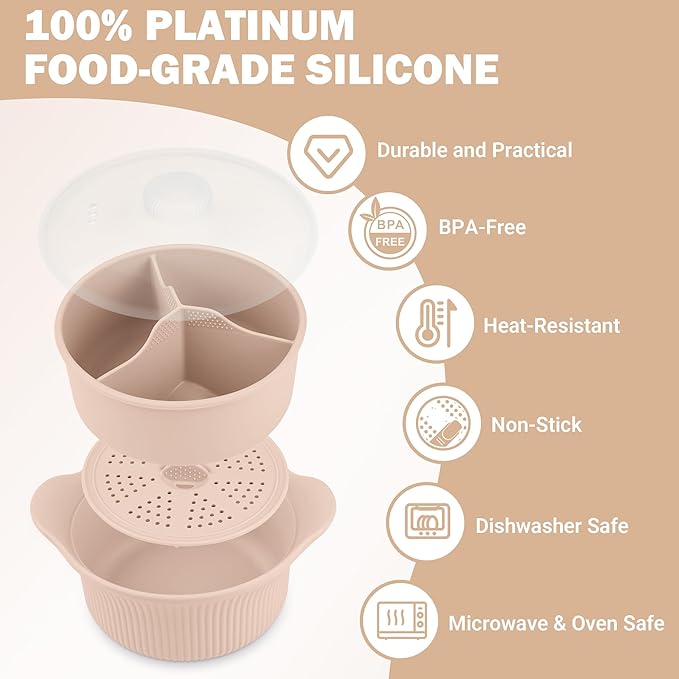 Silicone Microwave Steamer - Microwave Pot Steamer Basket Bowl for Baby Food, Vegetables & Dumplings, Compact & Lightweight Design, Oven & Dishwasher Safe (Pink, L 42oz(1250ml))