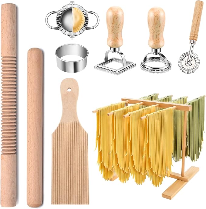 Pasta Making Tools, 9 PCS Wood Pasta Making Kit with Pasta Drying Rack, Pasta Roller, Gnocchi Board, Ravioli Cutter Pasta Making Accessories