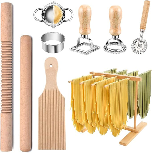Pasta Making Tools, 9 PCS Wood Pasta Making Kit with Pasta Drying Rack, Pasta Roller, Gnocchi Board, Ravioli Cutter Pasta Making Accessories