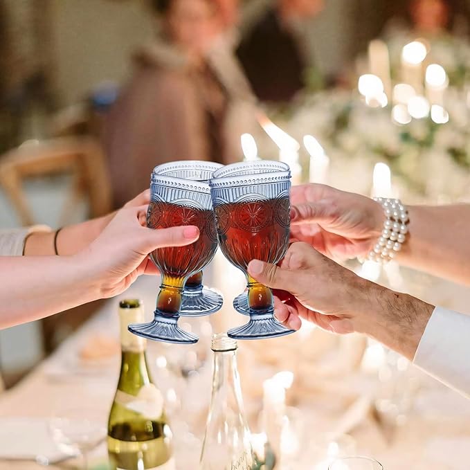 12 Pack Vintage Wine Glasses, Plastic Reusable 12 Ounce Colored Water Goblets, Unique Flower Embossed Pattern Unbreakable Stemmed Wine Glasses High Clear Wedding Party Bar Drinking Cups Blue
