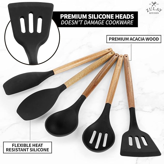 Zulay Kitchen Non-Stick Cooking Utensils Set with Authentic Acacia Wood Handles – 5-Piece Durable & Stylish Silicone Kitchen Utensils Set – Heat Resistant to 464°F – Black