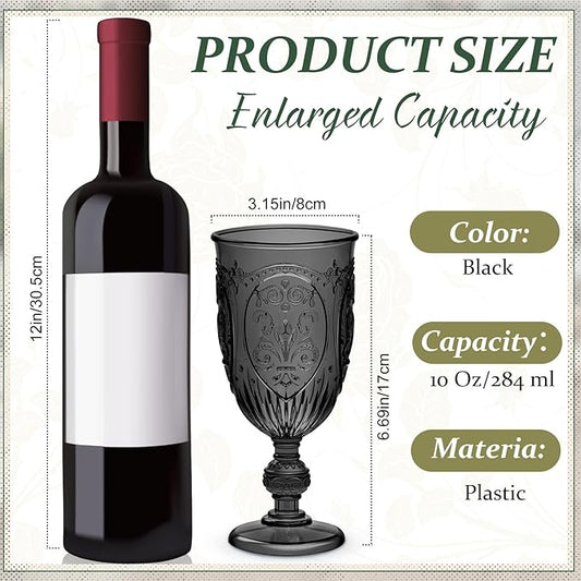 18 Pack Plastic Goblets 10oz Upgrade Vintage Water Goblet Plastic Wine Glasses Colored Retro Embossed Glassware for Party Wine Bar Juice Baby Shower Wedding Reception Grand (Black)