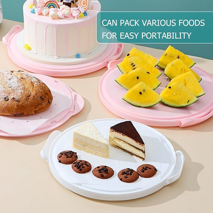 Cake Carrier Round Cake Stand Plus Height Cake Container with Cupcakes Pad, Handle, Lid Reusable Package Box for Transporting Desserts,Pie,Toast,Fruit (10" Pink)