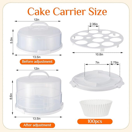 12 Inch Large Cake Carrier with Lid and Handle for 12" Round 7" High Cake Adjustable Plastic Pies Carrier Portable Cupcakes Transport Container for Cookies Pizza and More(White)