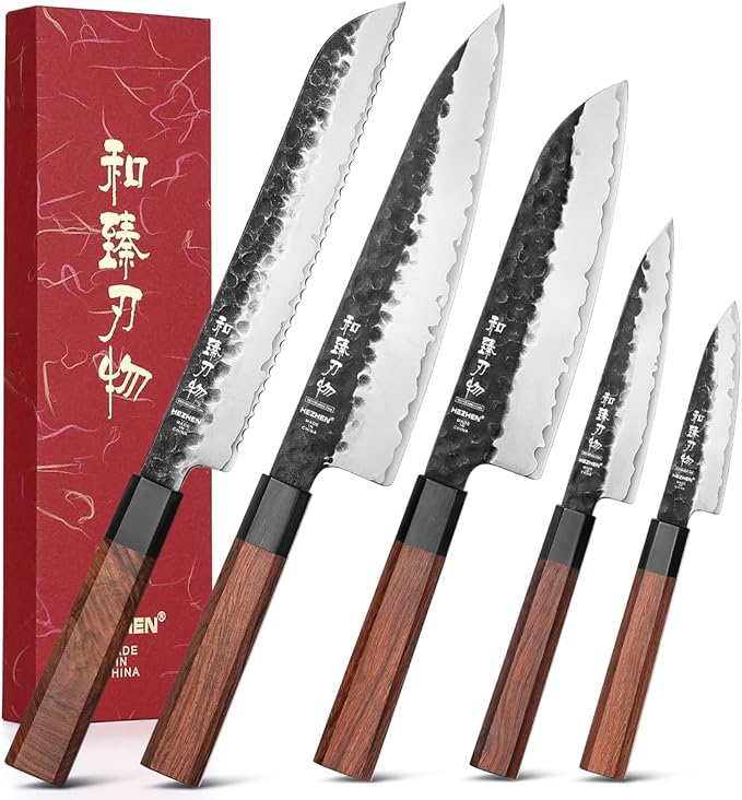 HEZHEN Chef's Knife Set 5PCS, 3 Layers High Carbon Clad,Razor Sharp 10Cr15CoMoV Steel Core, Ergonomic Redwood Octagonal Handle
