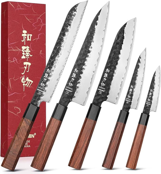 HEZHEN Chef's Knife Set 5PCS, 3 Layers High Carbon Clad,Razor Sharp 10Cr15CoMoV Steel Core, Ergonomic Redwood Octagonal Handle