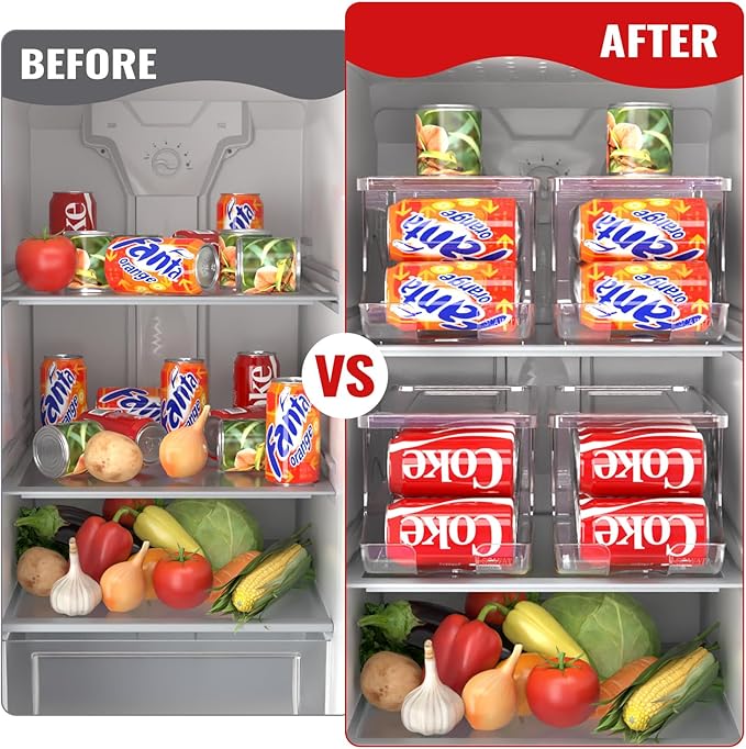 2 Pack Stackable Refrigerator Organizer, Soda Can Dispenser Pop Cans Container Beverage Holder with Lid for Fridge, Freezer, Kitchen, Clear Plastic Storage Bins-Holds 10 Cans Each (Clear)