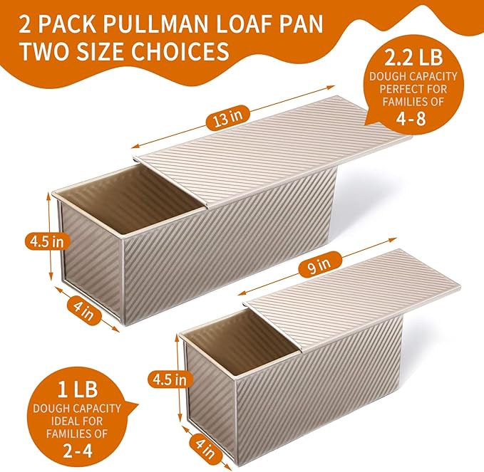 2 Pack Pullman Loaf Pan with Lid, 13x4 & 9x4 inch (2.2 lb & 1 lb Dough Capacity), Non-Stick Sandwich Bread Loaf Pan for Homemade Baking Bread, Gold