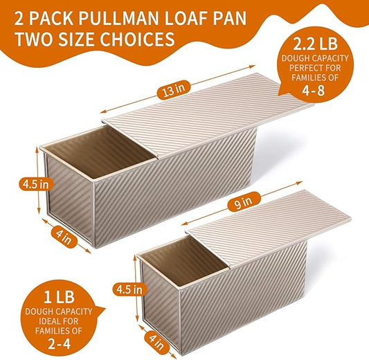 2 Pack Pullman Loaf Pan with Lid, 13x4 & 9x4 inch (2.2 lb & 1 lb Dough Capacity), Non-Stick Sandwich Bread Loaf Pan for Homemade Baking Bread, Gold