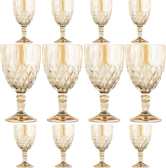 12 Pcs Vintage Wine Glasses, 11 Ounces Colored Glass Water Goblets, Colorful Unique Embossed Pattern High Clear Stemmed Glassware Wedding Party Bar Glass Drinking Cups Amber Fancy Glasses Set of 12