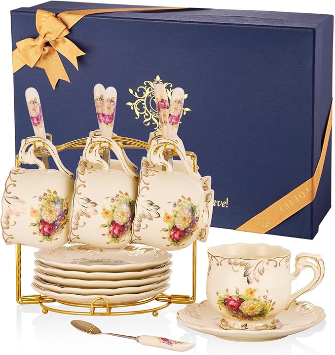 YOLIFE Tea Cups and Saucers Set of 6, Ivory Porcelain Tea Cups Set with Stand, Floral with Gold Leaves Trim Design, Gift for Women (Includes Gift Box, Tote Bag, Greeting Card)
