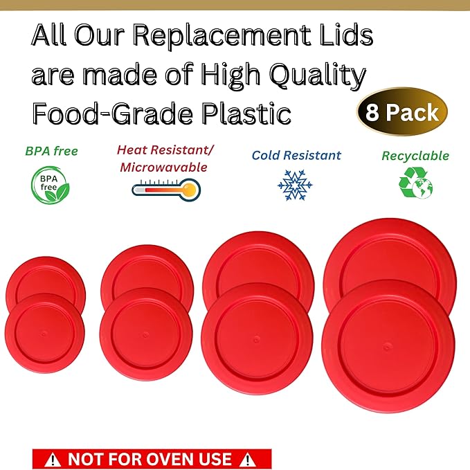 1, 2, 4 & 7 Cup Red Replacement Lids/Covers for Pyrex, Anchor Hocking & KlareWare Storage Bowls *Lids Only Glass Container Not Included* (8 Pack *Two of Each Size*)