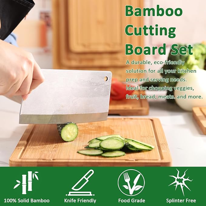 Bamboo Cutting Boards for Kitchen Meal Prep & Serving Set of 3, Wooden Chopping Boards with Juice Grooves & Handles for Meat, Vegetables Easy Clean Ideal Kitchen Gift for Home Cooks & Wedding