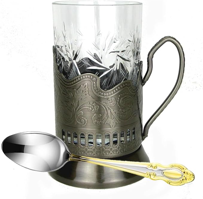 WORLD GIFTS 3 Piece Russian Tea Set Crystal Tempered Hot Tea Glasses with Metal Glass Holders Podstakannik w/Teaspoon - Vintage Design Drinkware - 1 glass, 1 holder, 1 spoon
