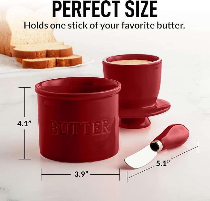 Zulay Kitchen Porcelain Butter Crock With Lid & Knife - Authentic French Butter Dish For Fresh & Spreadable Butter - Garnet
