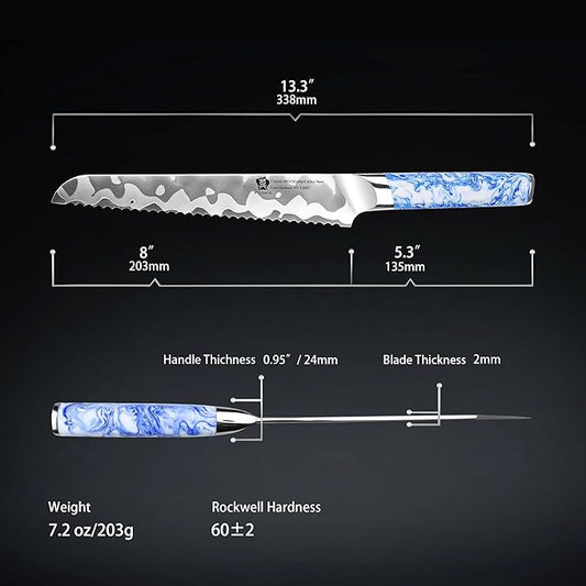 WILDMOK 8 Inch Serrated Bread Knife, 7 Layers Clad Steel 10Cr15CoMoV Core Steel, Professional Kitchen Knife Bread Cutting Knifewith Resin Handle - Qing Series
